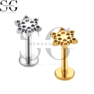 SGYS1368 ASTM F136 Titanium Flat Back Lip Ring Solid Gold Snowflake Labret Stud