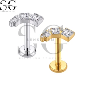 SGYS1370 ASTM F136 Titanium Flat Back Lip Ring Graduated Princess Cut CZ Curved Labret Stud