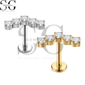 SGYS1371 ASTM F136 Titanium Flat Back Lip Ring 5-Stone Curved CZ Labret Stud