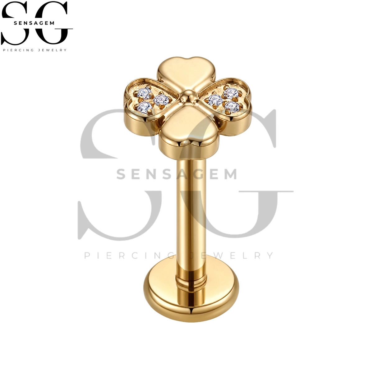SGYS1372 ASTM F136 Titanium Flat Back Lip Ring Pavé CZ Four Leaf Clover Labret Stud - Imagen 2