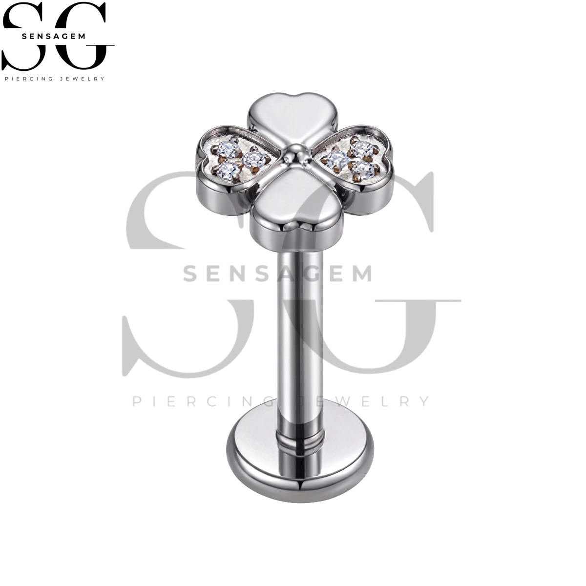 SGYS1372 ASTM F136 Titanium Flat Back Lip Ring Pavé CZ Four Leaf Clover Labret Stud - Imagen 3
