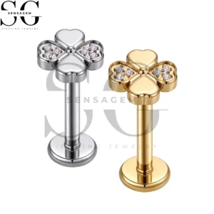 SGYS1372 ASTM F136 Titanium Flat Back Lip Ring Pavé CZ Four Leaf Clover Labret Stud