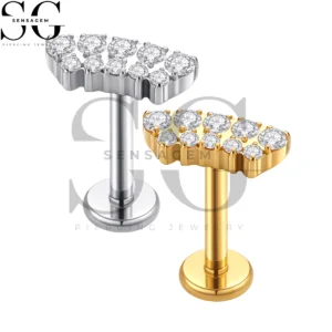 SGYS1373 ASTM F136 Titanium Flat Back Lip Ring Double Row Pavé CZ Curved Labret Stud