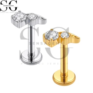 SGYS1374 ASTM F136 Titanium Flat Back Lip Ring Dual CZ Wing Labret Stud