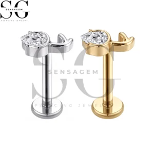 SGYS1375 ASTM F136 Titanium Flat Back Lip Ring Pear Cut CZ Antler Labret Stud