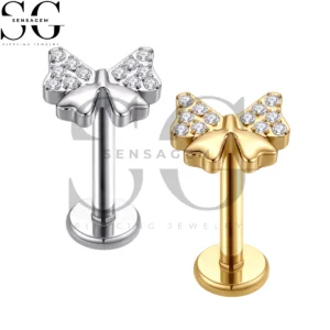 SGYS1376 ASTM F136 Titanium Flat Back Lip Ring Pavé CZ Bowknot Labret Stud