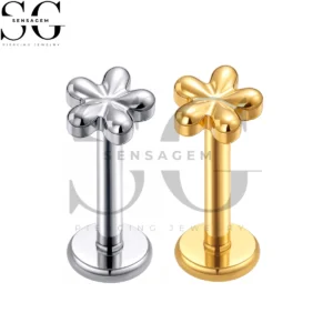 SGYS1377 ASTM F136 Titanium Flat Back Lip Ring Solid Gold Daisy Flower Labret Stud