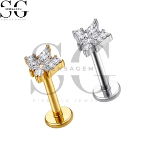 SGYS1378 ASTM F136 Titanium Flat Back Lip Ring Baguette CZ Butterfly Labret Stud