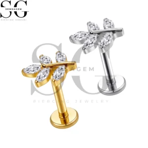SGYS1379 ASTM F136 Titanium Flat Back Lip Ring Marquise CZ Olive Branch Labret Stud
