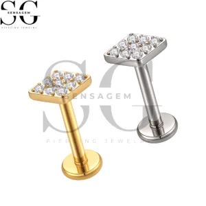 SGYS1380 ASTM F136 Titan-Lippenring mit flacher Rückseite, Pavé-CZ-Rhombus-Labret-Ohrstecker