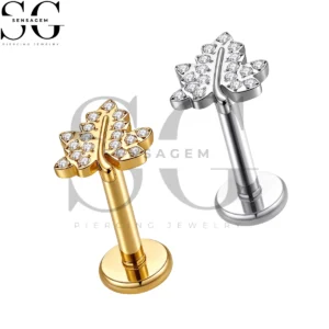 SGYS1381 ASTM F136 Titanium Flat Back Lip Ring Pavé CZ Maple Leaf Labret Stud