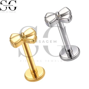 SGYS1382 ASTM F136 Titanium Flat Back Lip Ring Solid Gold Bowknot Labret Stud