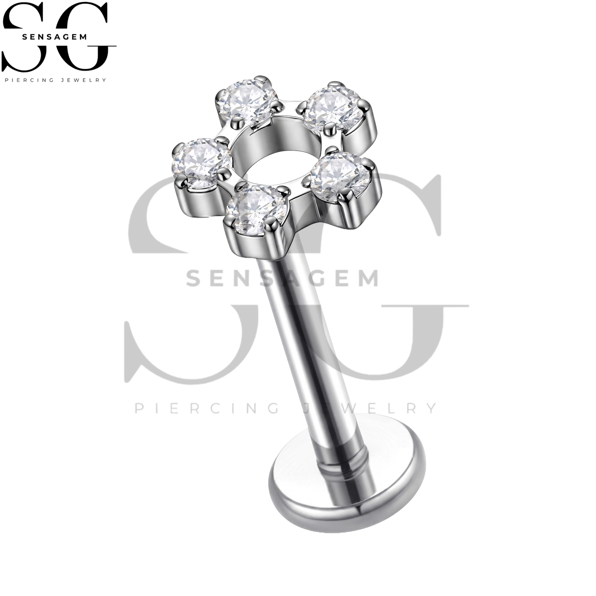 SGYS1383 ASTM F136 Titanium Flat Back Lip Ring CZ Hollow Flower Labret Stud - Image 3
