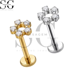 SGYS1383 ASTM F136 Titanium Flat Back Lip Ring CZ Hollow Flower Labret Stud