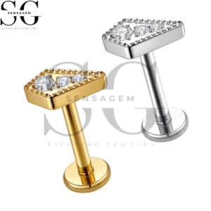 SGYS1384 ASTM F136 Titanium Flat Back Lip Ring Milgrain Graduated CZ Wedge Labret Stud