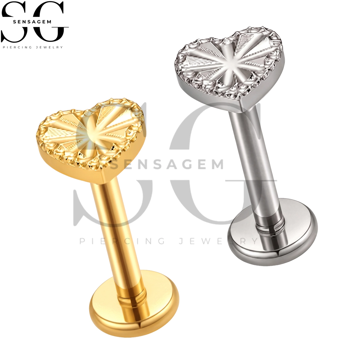 SGYS1385 ASTM F136 Titanium Flat Back Lip Ring Vintage Sunburst Heart Labret Stud