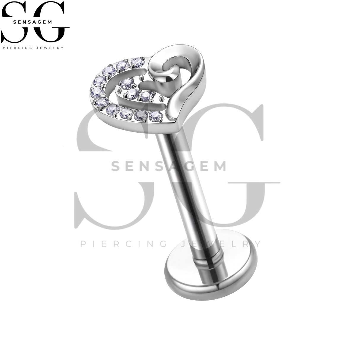 SGYS1387 ASTM F136 Titanium Flat Back Lip Ring Pavé CZ Double Heart Labret Stud - Image 3