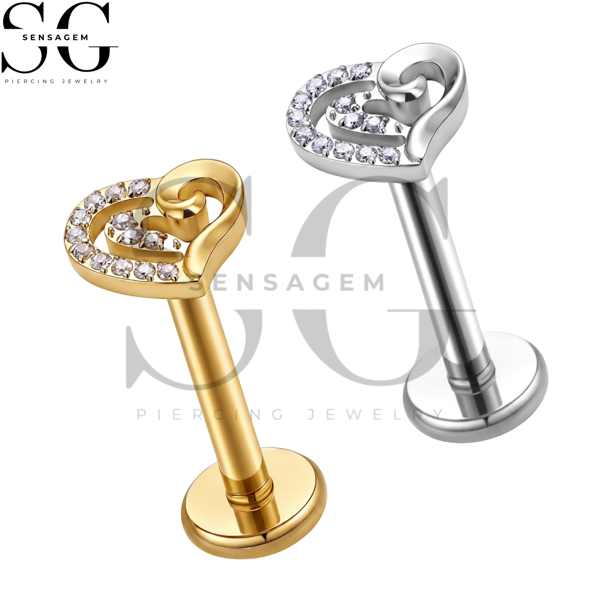 SGYS1387 ASTM F136 Titanium Flat Back Lip Ring Pavé CZ Double Heart Labret Stud