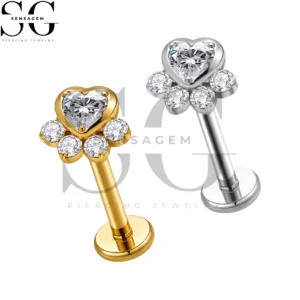 SGYS1388 ASTM F136 Titanium Flat Back Lip Ring CZ Heart Paw Labret Stud