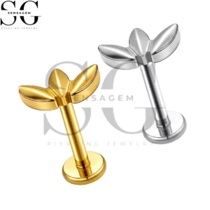 SGYS1389 ASTM F136 Titanium Flat Back Lip Ring Solid Gold Tri-Leaf Labret Stud