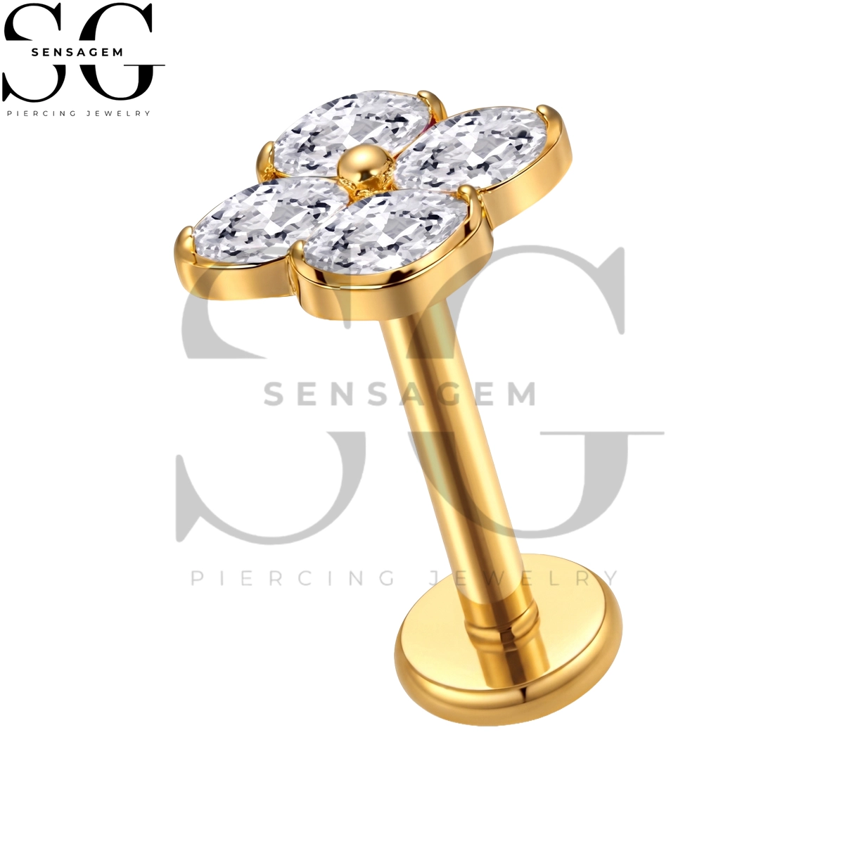 SGYS1392 ASTM F136 Titanium Flat Back Lip Ring Oval CZ Four Petal Flower Labret Stud - Image 2