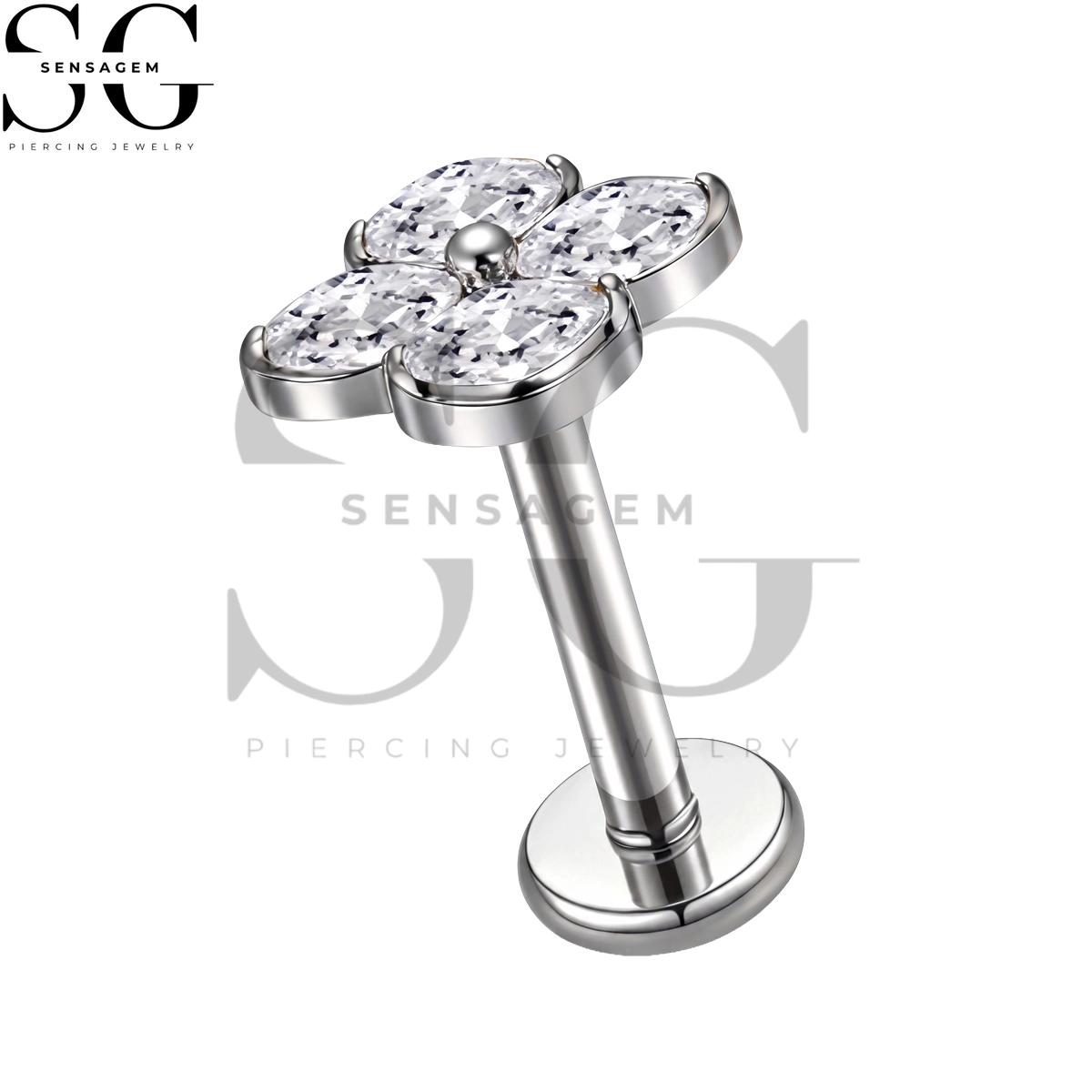 SGYS1392 ASTM F136 Titanium Flat Back Lip Ring Oval CZ Four Petal Flower Labret Stud - Image 3