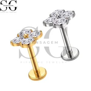 SGYS1392 ASTM F136 Titanium Flat Back Lip Ring Oval CZ Four Petal Flower Labret Stud