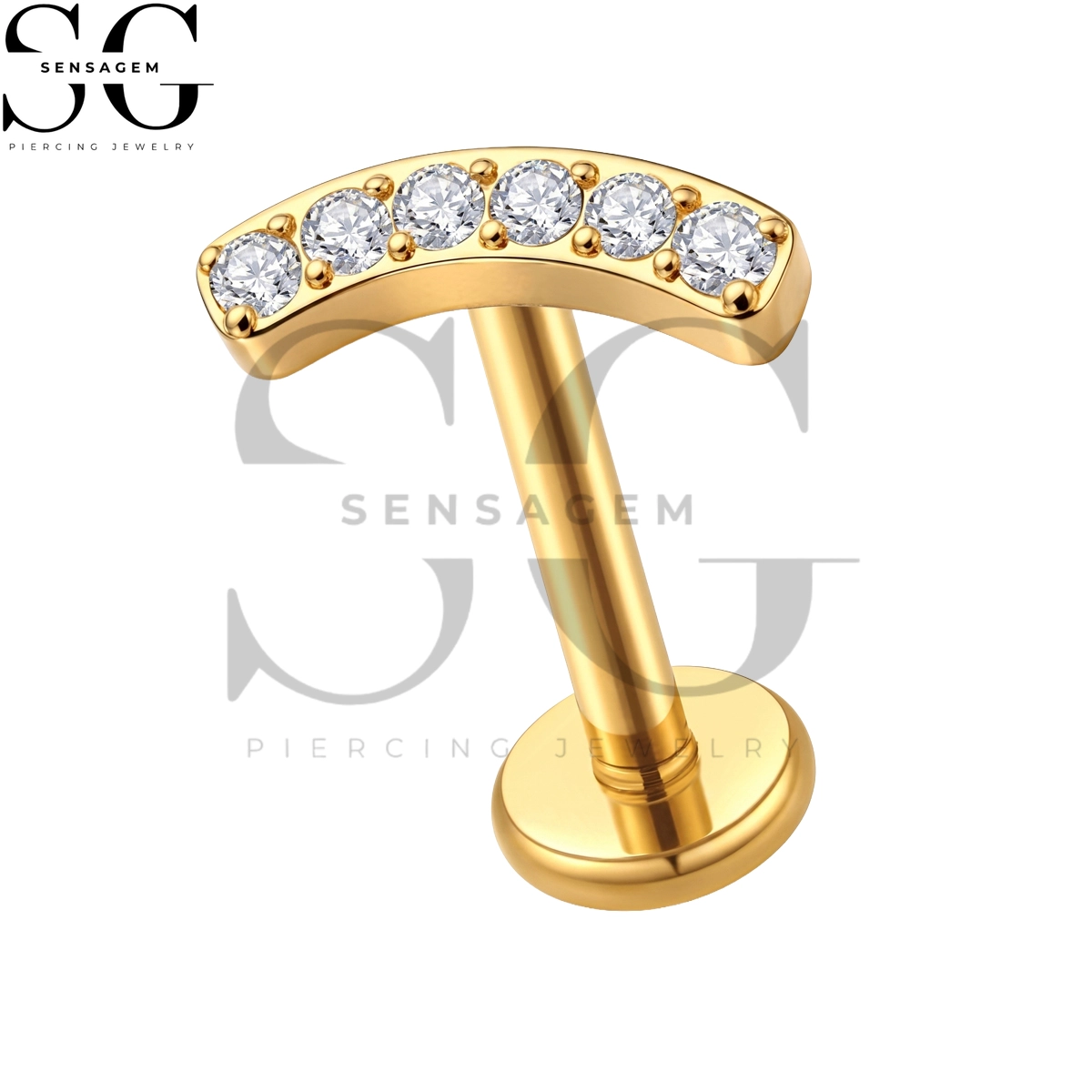 SGYS1393 ASTM F136 Titanium Flat Back Lip Ring 6-Stone Curved CZ Labret Stud - Image 2