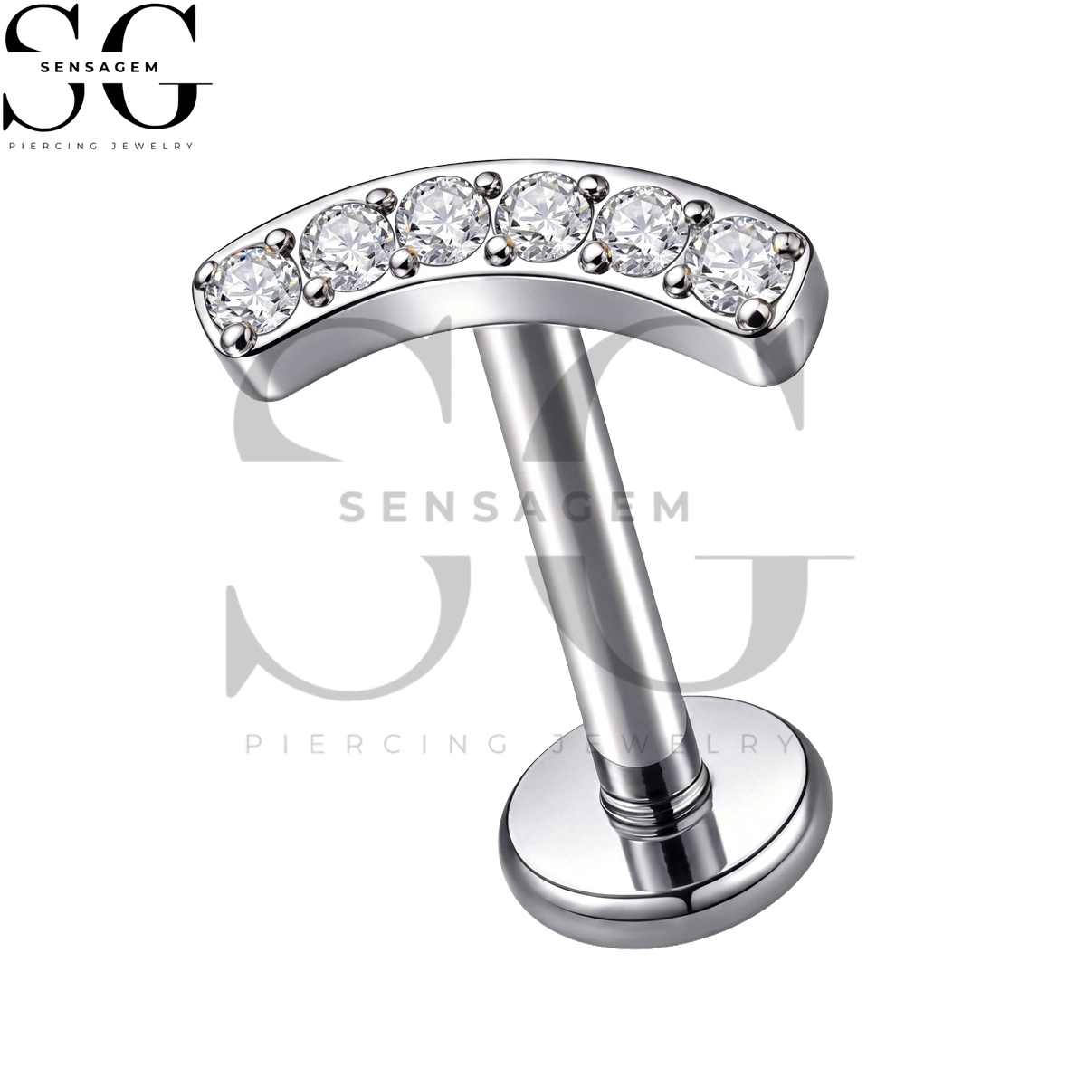 SGYS1393 ASTM F136 Titanium Flat Back Lip Ring 6-Stone Curved CZ Labret Stud - Image 3