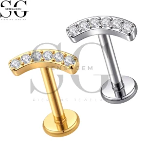 SGYS1393 ASTM F136 Titanium Flat Back Lip Ring 6-Stone Curved CZ Labret Stud