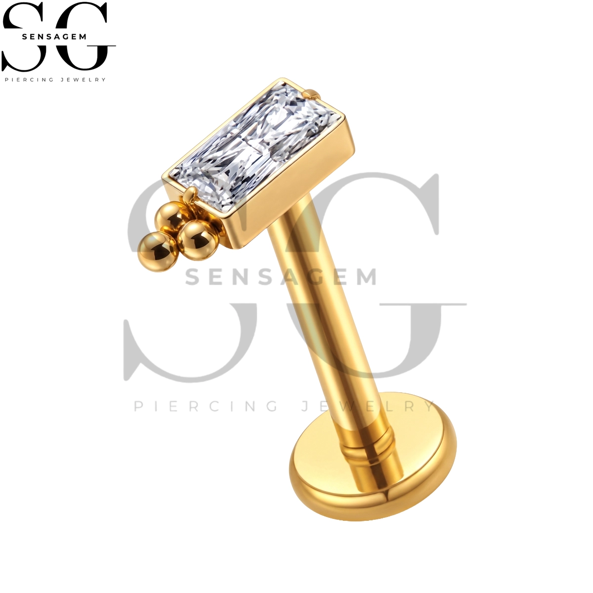 SGYS1394 ASTM F136 Titanium Flat Back Lip Ring Baguette Cut CZ Labret Stud - Image 2