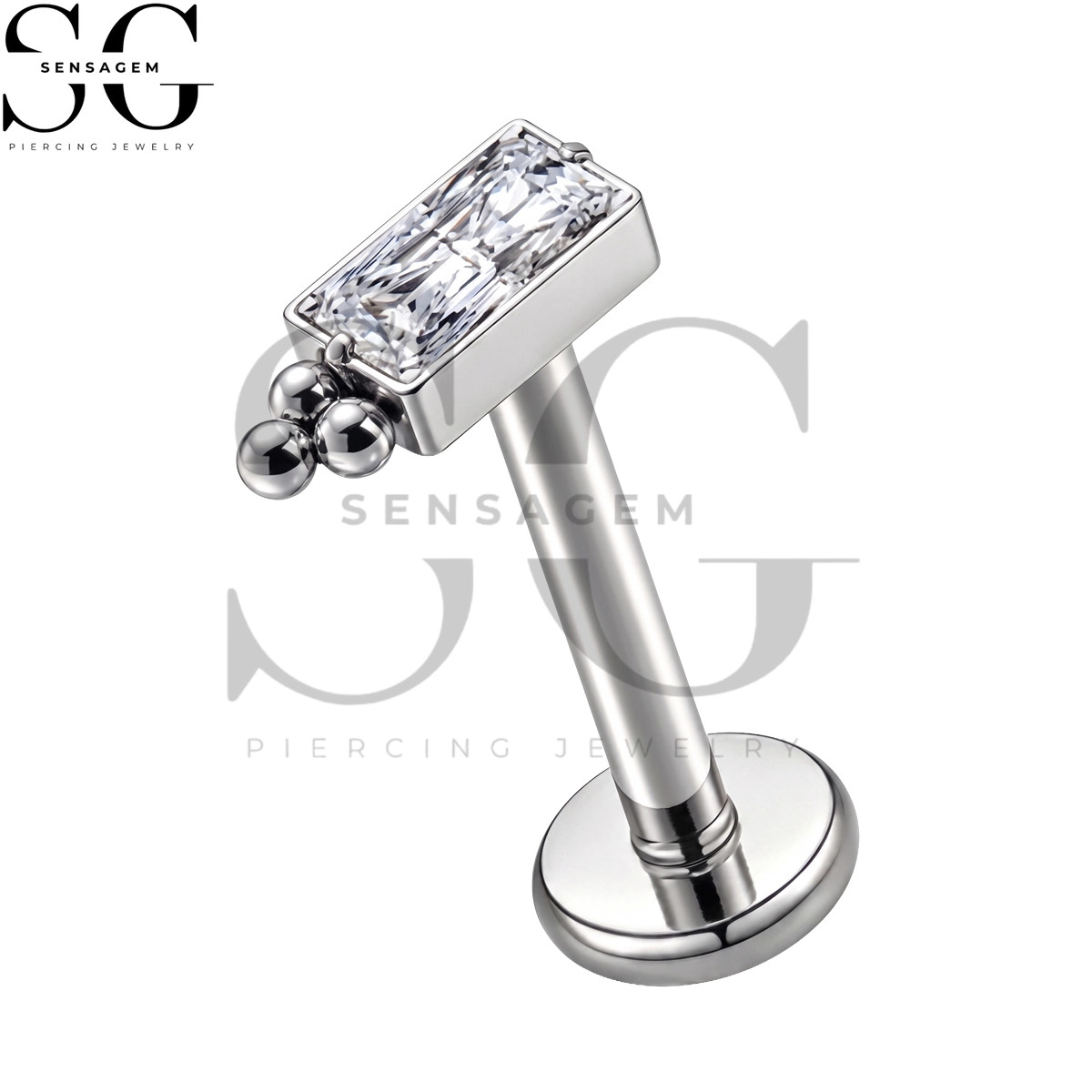 SGYS1394 ASTM F136 Titanium Flat Back Lip Ring Baguette Cut CZ Labret Stud - Image 3