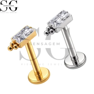 SGYS1394 ASTM F136 Titanium Flat Back Lip Ring Baguette Cut CZ Labret Stud