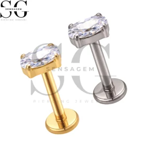 SGYS1395 ASTM F136 Titanium Flat Back Lip Ring Oval Cut CZ Labret Stud