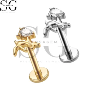 SGYS1398 ASTM F136 Titanium Flat Back Lip Ring Pear CZ Running Deer Labret Stud