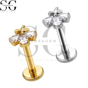 SGYS1400 ASTM F136 Titanium Flat Back Lip Ring Pear CZ Bee Flower Labret Stud