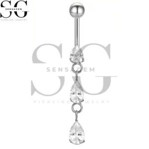 SGYS5038 Anillo para ombligo colgante de titanio G23, anillo para ombligo con circonita cúbica en forma de lágrima triple de 14G
