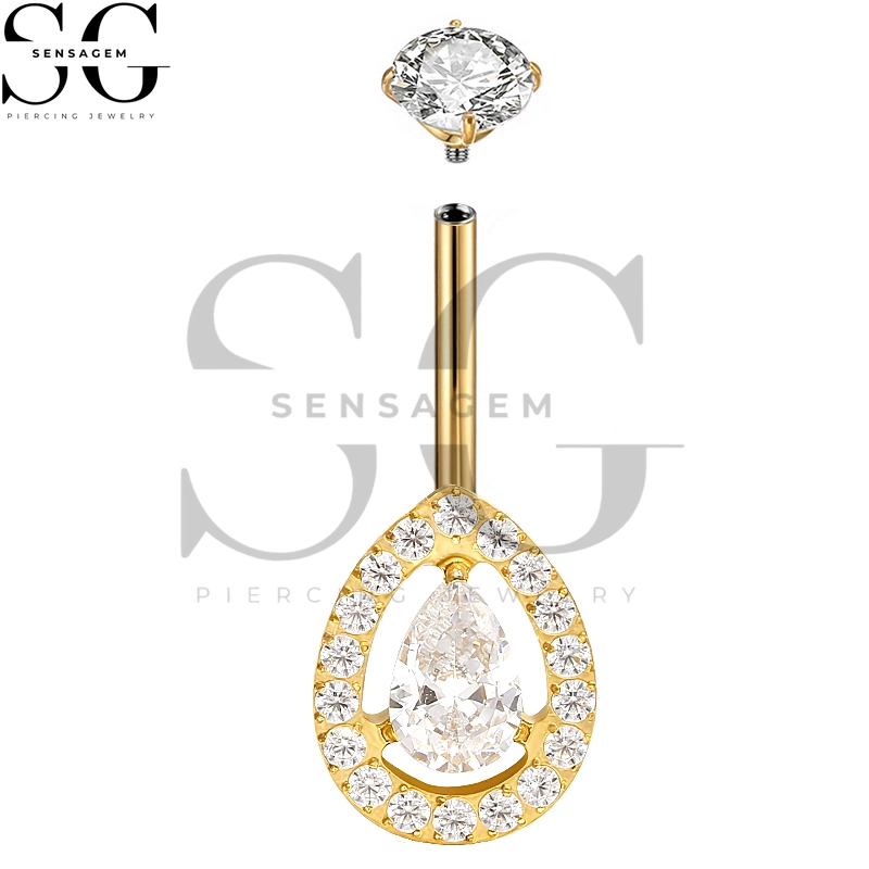 SGYS5044 G23 Titanium Belly Button Ring 14G Pear Cut Halo CZ Navel Ring