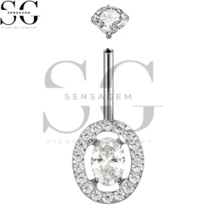 SGYS5046 Anillo para ombligo de titanio G23, anillo para ombligo con halo ovalado de circonita cúbica de 14G