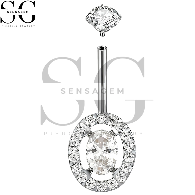 SGYS5046 G23 Titanium Belly Button Ring 14G Oval Halo CZ Navel Ring