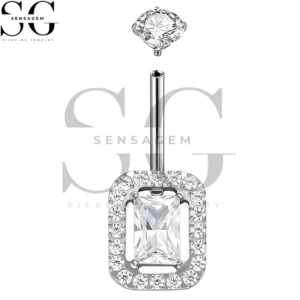 SGYS5048 Anillo para ombligo de titanio G23, anillo para ombligo con circonita cúbica y halo de corte esmeralda de 14G