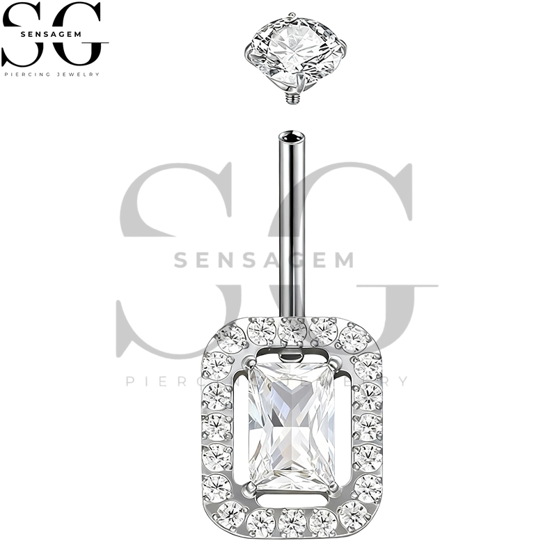 SGYS5048 G23 Titanium Belly Button Ring 14G Emerald Cut Halo CZ Navel Ring