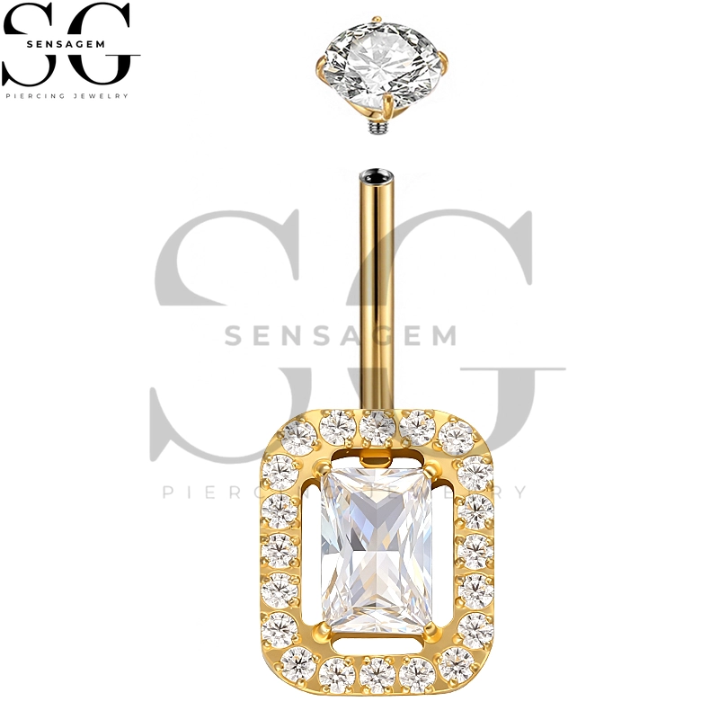 SGYS5048 G23 Titanium Belly Button Ring 14G Emerald Cut Halo CZ Navel Ring – Bild 2