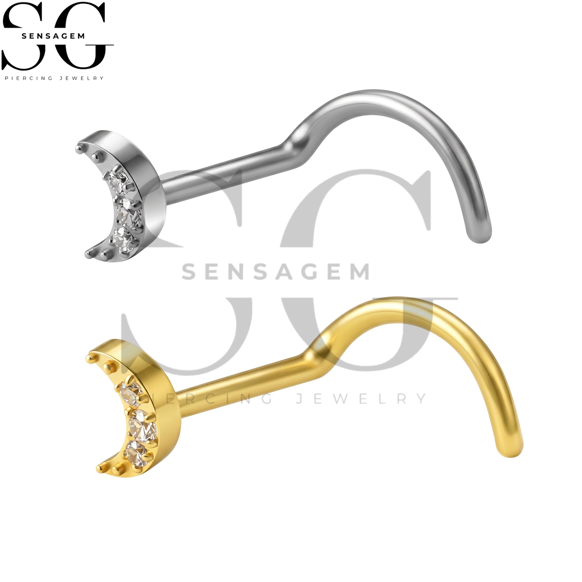 SGYS5053 ASTM F136 Titanium Nose Screw Ring 3-Stone CZ Crescent Moon Nose Stud