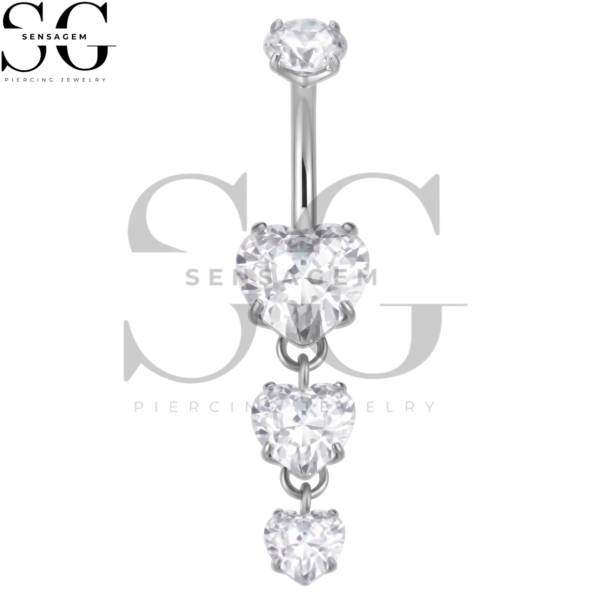 SGYS6066 ASTM F136 Titanium Belly Button Ring Triple Heart Dangle CZ Navel Ring - Image 3