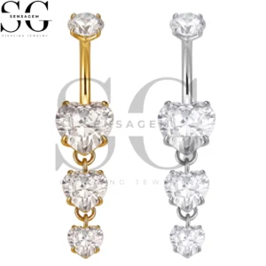 SGYS6066 ASTM F136 Titanium Belly Button Ring Triple Heart Dangle CZ Navel Ring