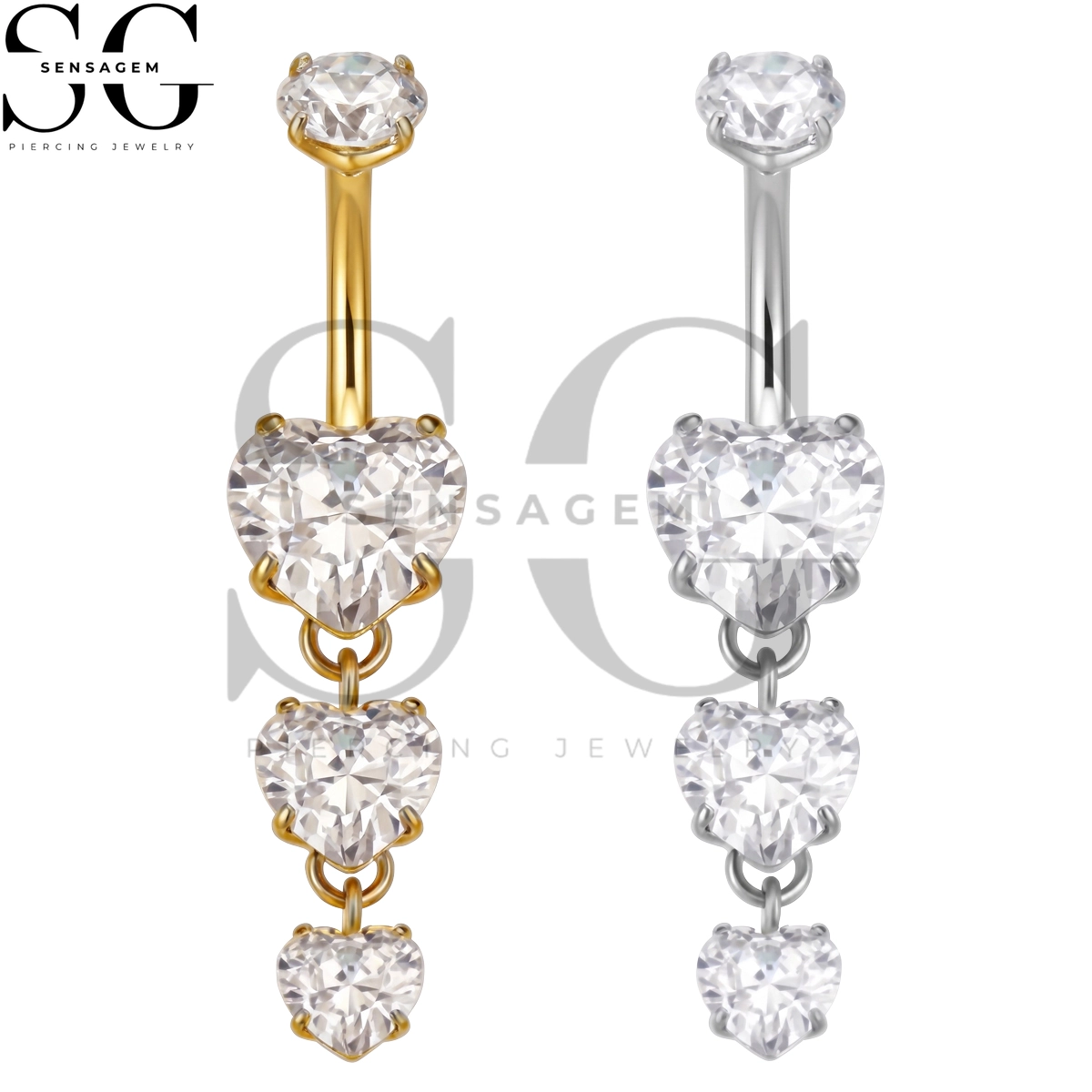 SGYS6066 ASTM F136 Titanium Belly Button Ring Triple Heart Dangle CZ Navel Ring