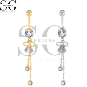 SGYS6067 ASTM F136 Titanium Belly Button Ring Bowknot Dangle CZ Navel Ring