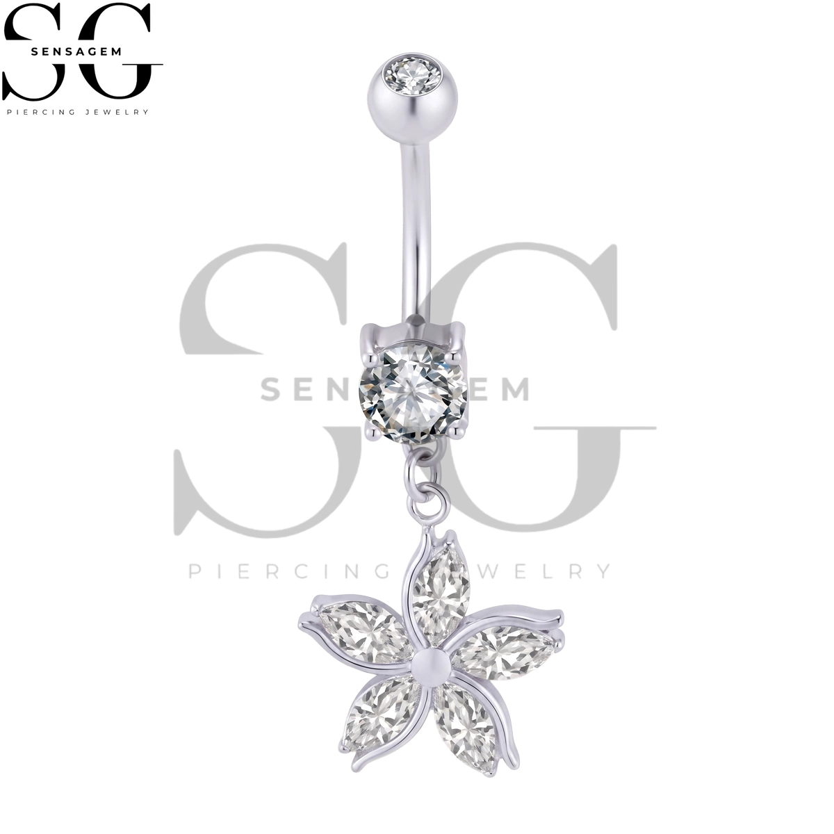 SGYS6068 ASTM F136 Titanium Belly Button Ring Marquise CZ Flower Dangle Navel Ring - Image 3