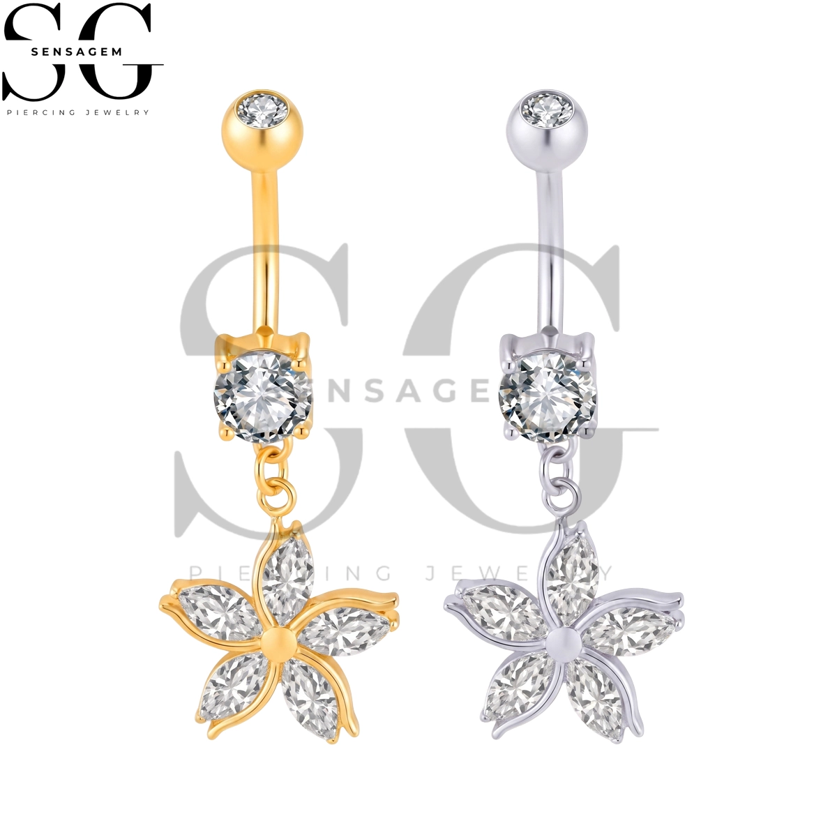 SGYS6068 ASTM F136 Titanium Belly Button Ring Marquise CZ Flower Dangle Navel Ring